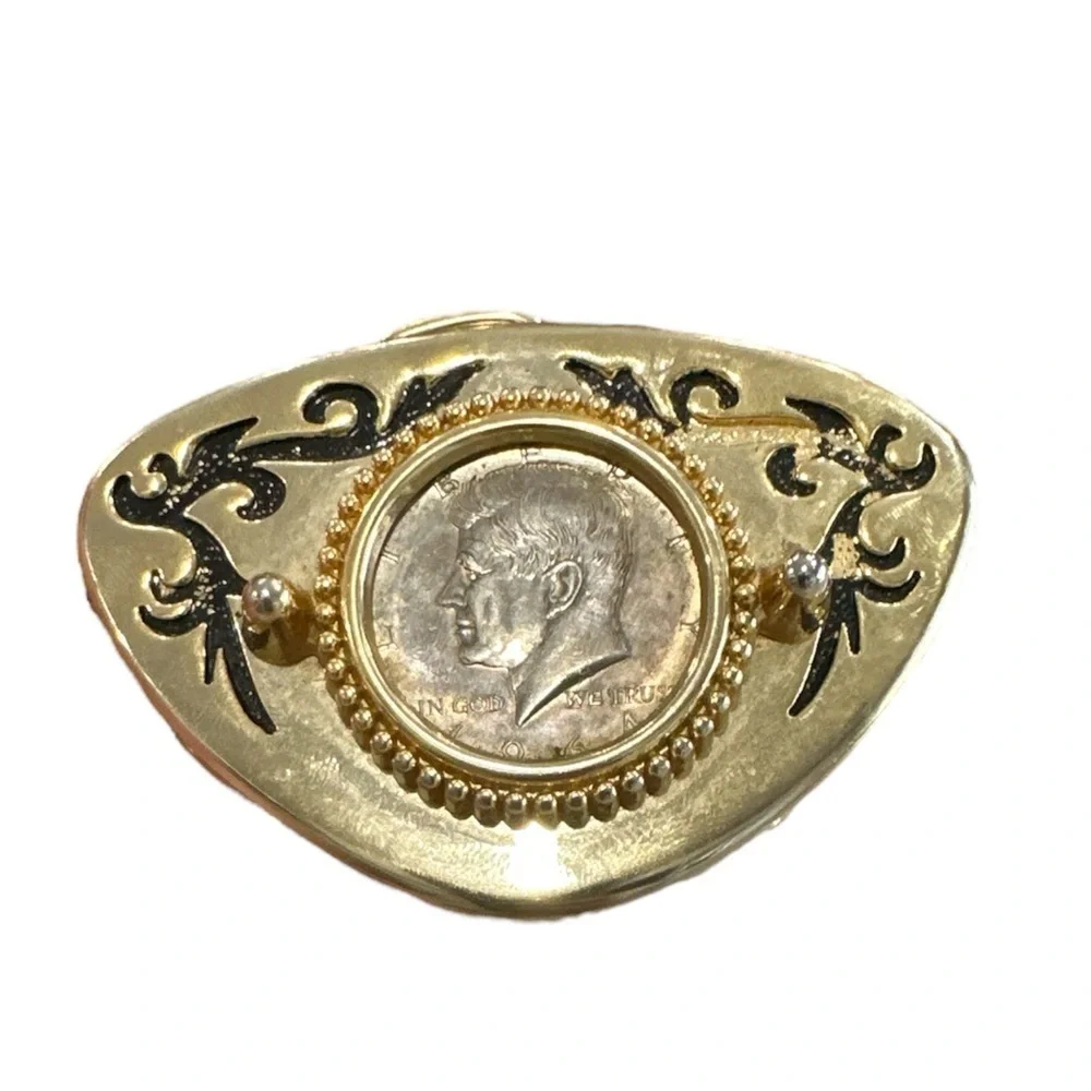 Vintage Gold Color Southwest Western 1964 Kennedy Silver Half Dollar Belt Buckle